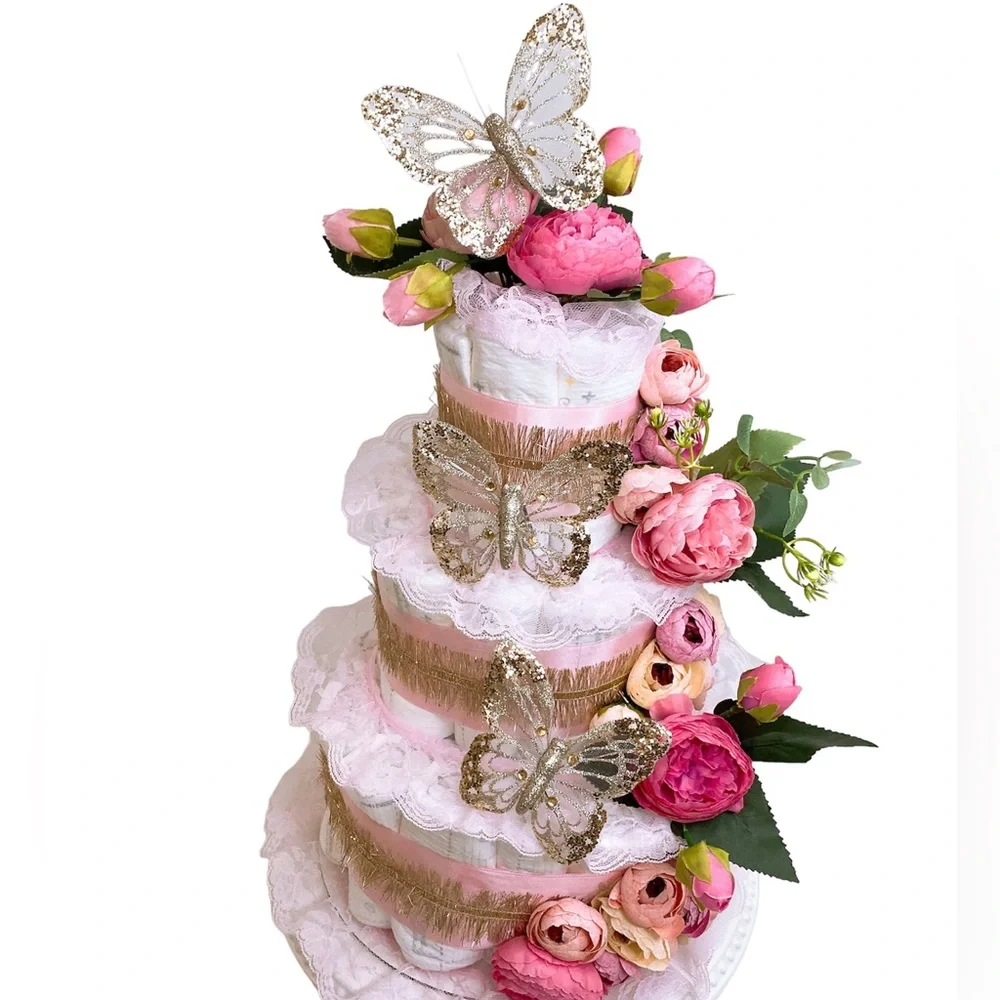 Butterfly Diaper Cake, Peonies Diaper Cake